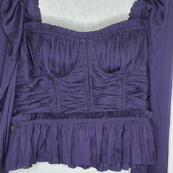 NWT ULLA JOHNSON Mia ruched ruffled satin top Purple Size 10 - Picture 3 of 16